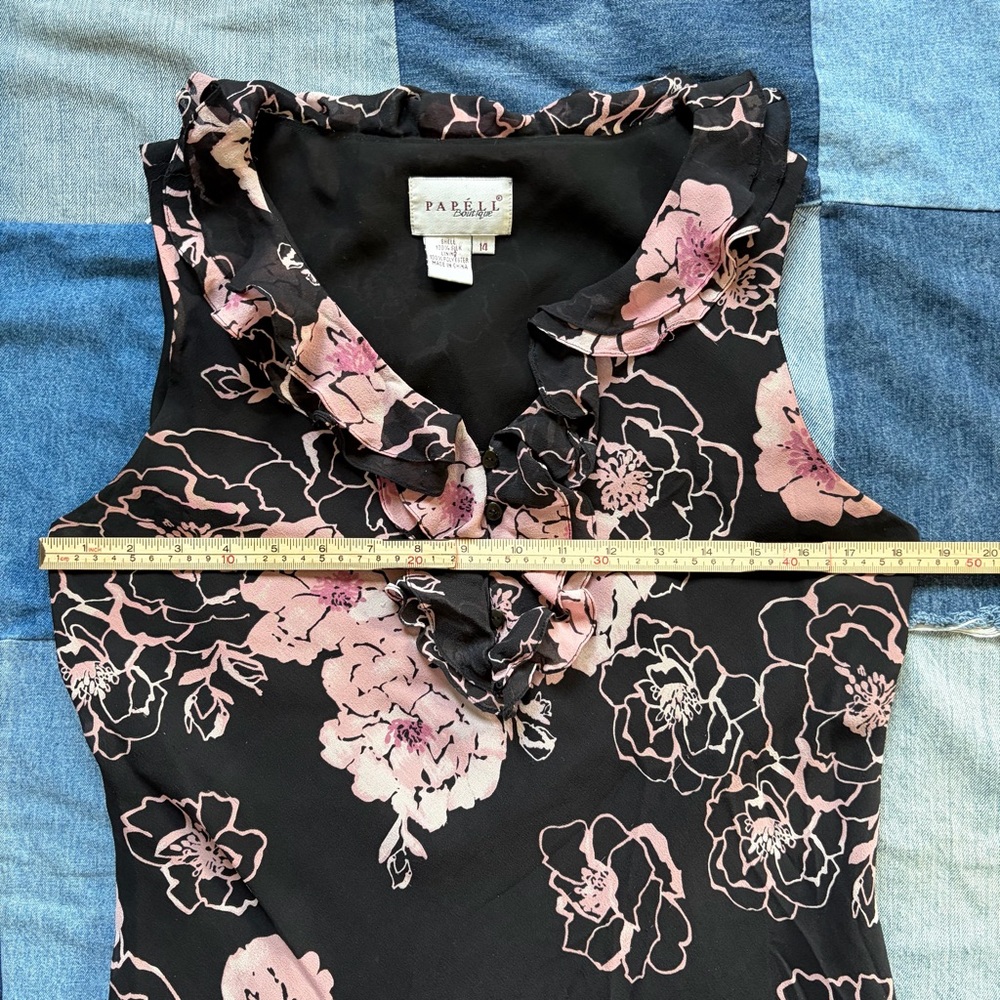vtg papéll boutique 100% silk pink floral black dress ruffles size 14 - Picture 12 of 14